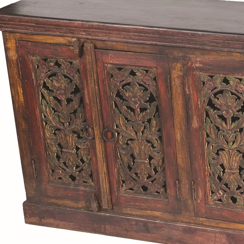 90" Red Distressed Solid Wood Carved Scrollwork Buffet Table With Six Doors HomeRoots