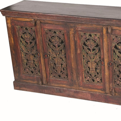 90" Red Distressed Solid Wood Carved Scrollwork Buffet Table With Six Doors HomeRoots
