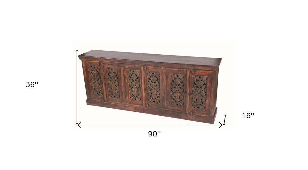 90" Red Distressed Solid Wood Carved Scrollwork Buffet Table With Six Doors HomeRoots