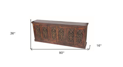 90" Red Distressed Solid Wood Carved Scrollwork Buffet Table With Six Doors HomeRoots
