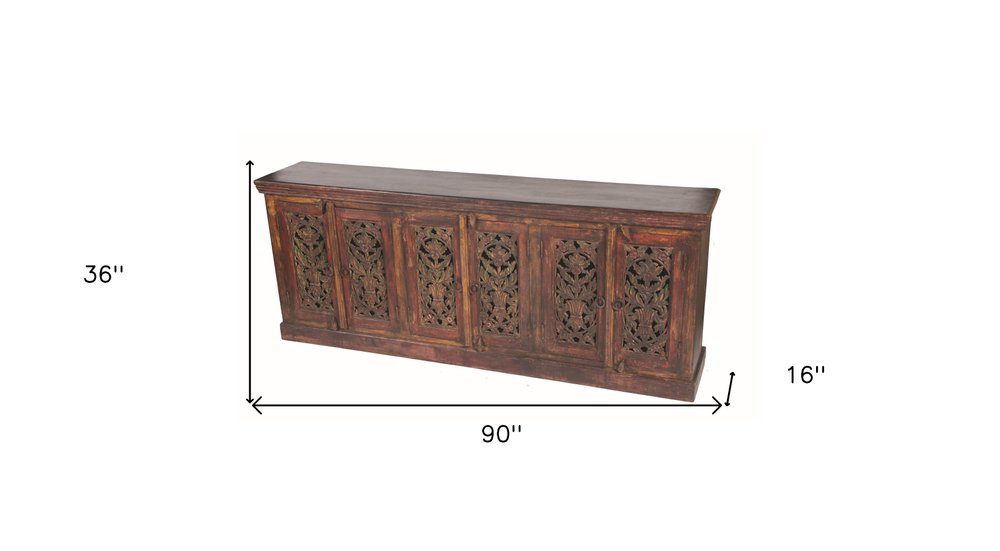 90" Red Distressed Solid Wood Carved Scrollwork Buffet Table with Six Doors HomeRoots