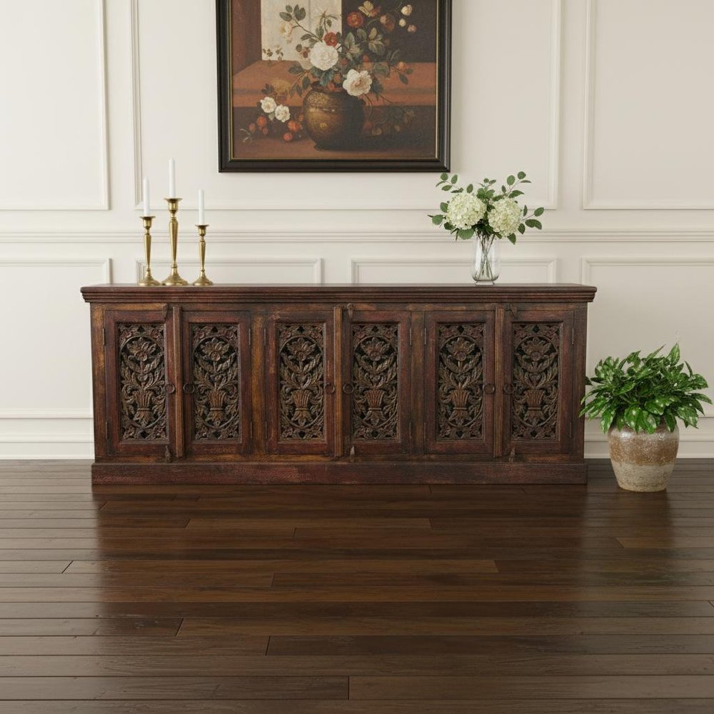 90" Red Distressed Solid Wood Carved Scrollwork Buffet Table With Six Doors HomeRoots