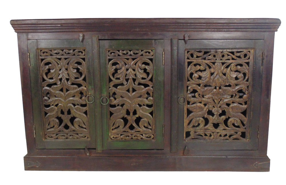 60" Brown Distressed Solid Wood Carved Scrollwork Buffet Table With Three Doors HomeRoots