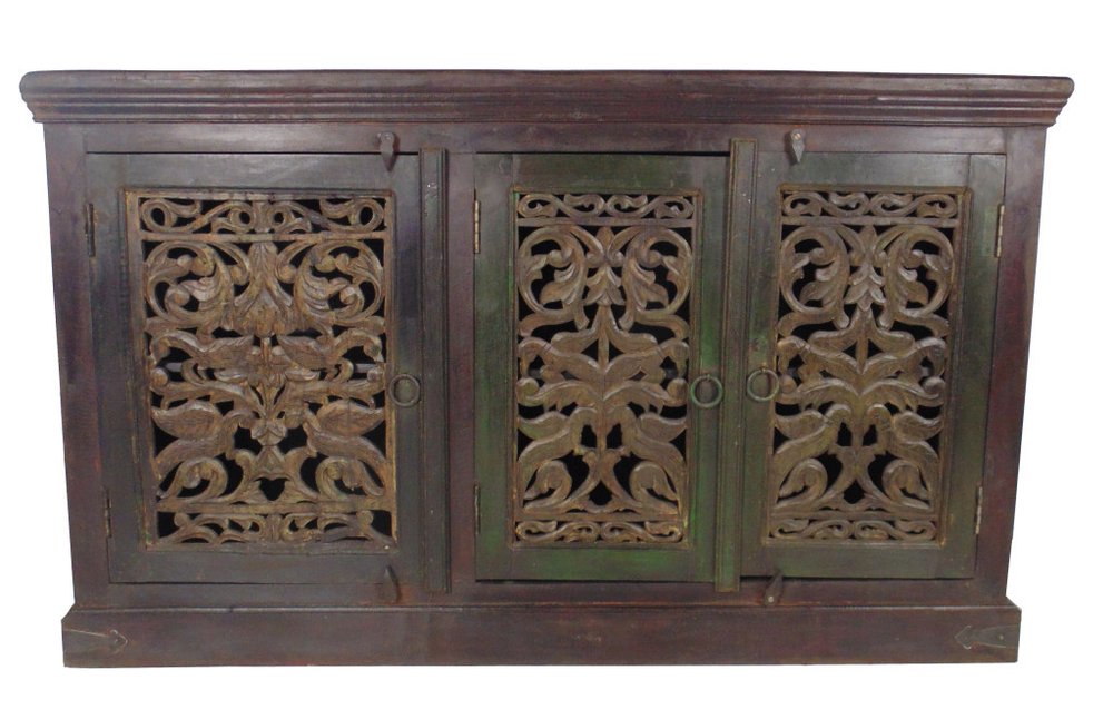 60" Brown Distressed Solid Wood Carved Scrollwork Buffet Table With Three Doors HomeRoots