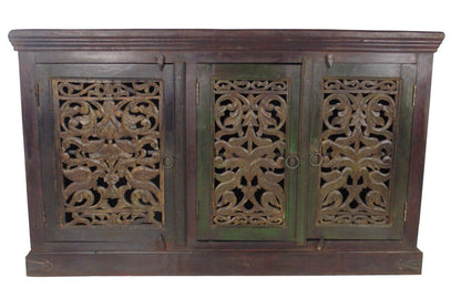 60" Brown Distressed Solid Wood Carved Scrollwork Buffet Table With Three Doors HomeRoots