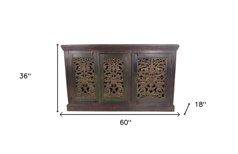60" Brown Distressed Solid Wood Carved Scrollwork Buffet Table With Three Doors HomeRoots