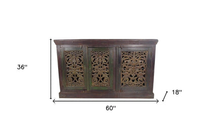 60" Brown Distressed Solid Wood Carved Scrollwork Buffet Table With Three Doors HomeRoots