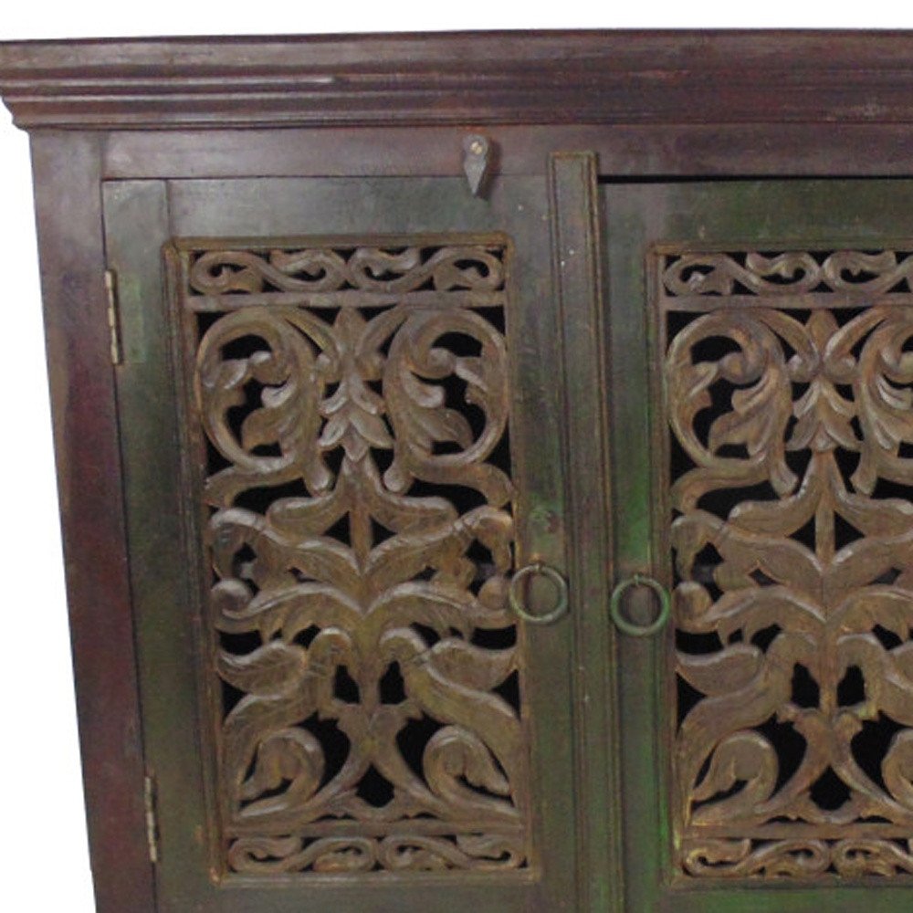 60" Brown Distressed Solid Wood Carved Scrollwork Buffet Table With Three Doors HomeRoots