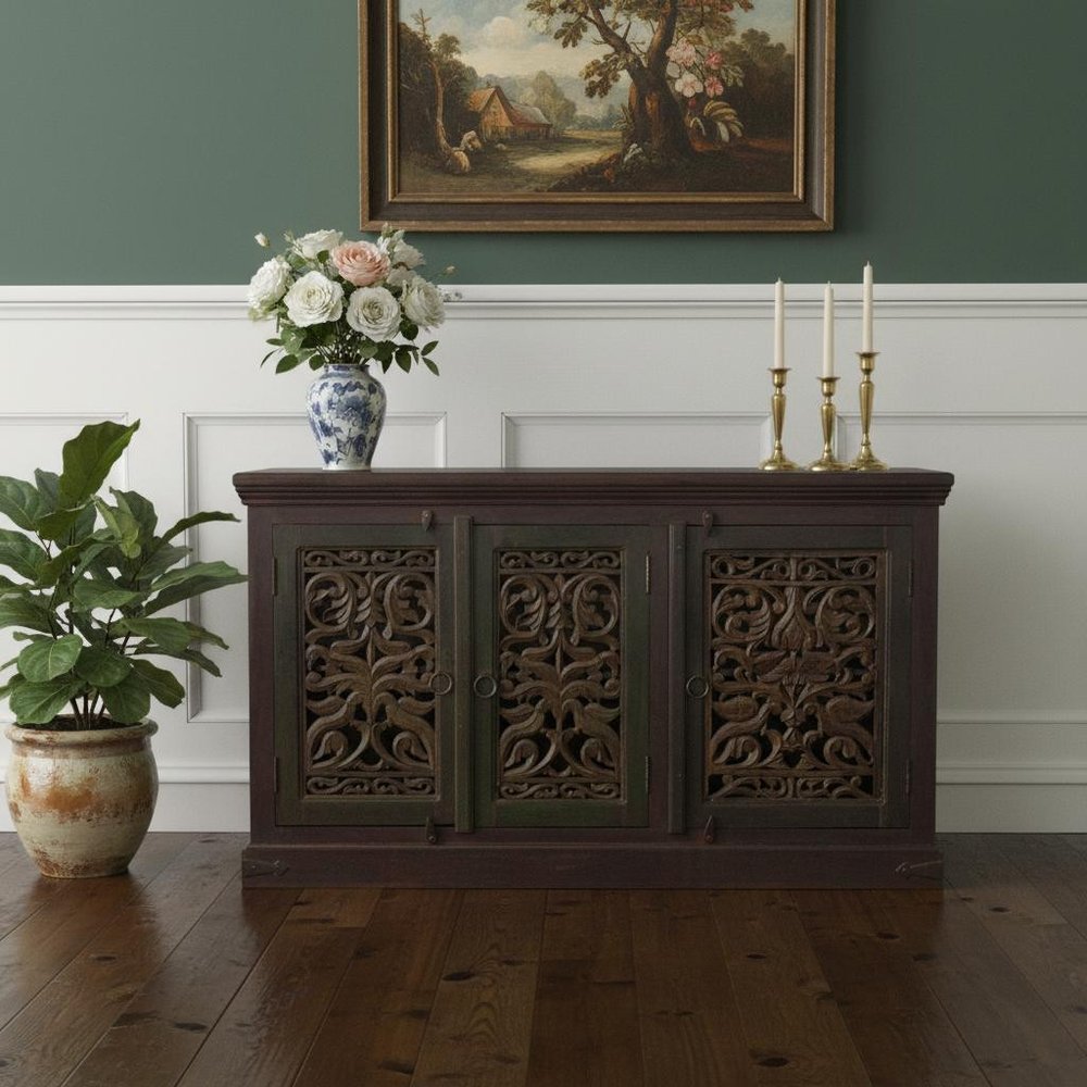 60" Brown Distressed Solid Wood Carved Scrollwork Buffet Table With Three Doors HomeRoots