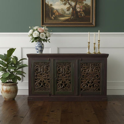 60" Brown Distressed Solid Wood Carved Scrollwork Buffet Table With Three Doors HomeRoots