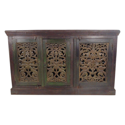 60" Brown Distressed Solid Wood Carved Scrollwork Buffet Table With Three Doors HomeRoots