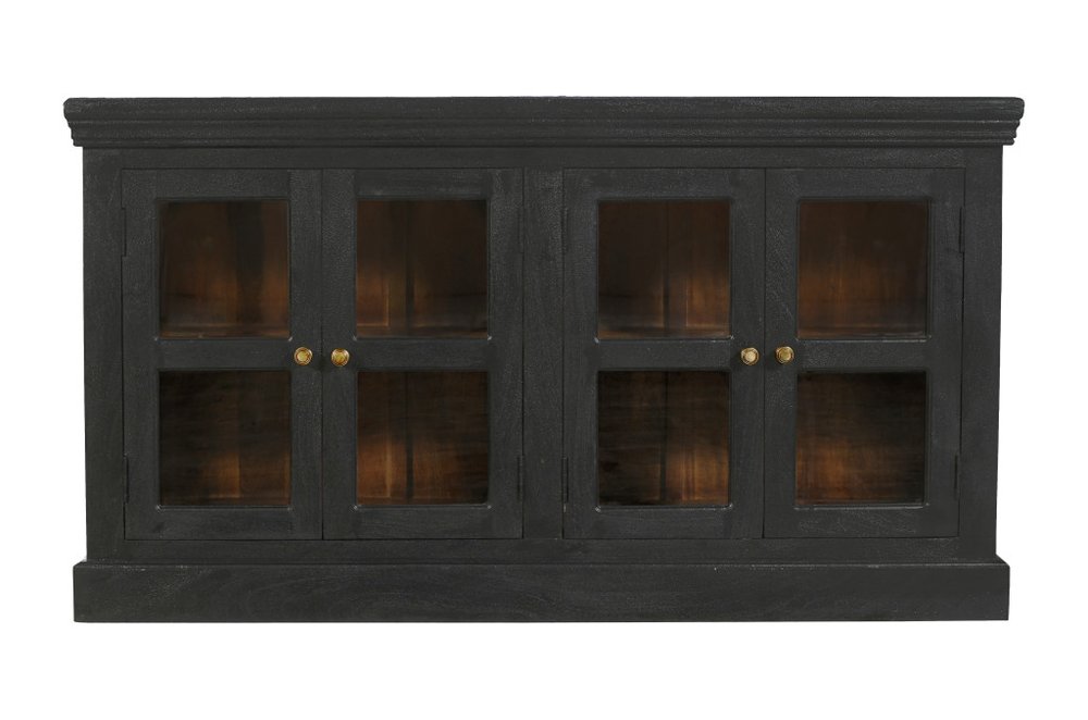 62" Charcoal Distressed Solid Wood Sideboard with Four Glass Doors HomeRoots