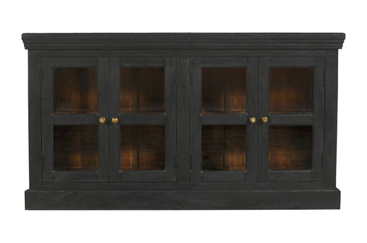 62" Charcoal Distressed Solid Wood Sideboard With Four Glass Doors