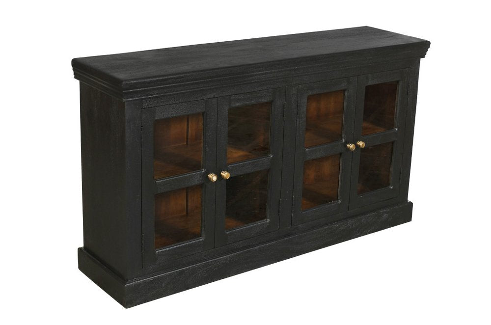 62" Charcoal Distressed Solid Wood Sideboard with Four Glass Doors HomeRoots