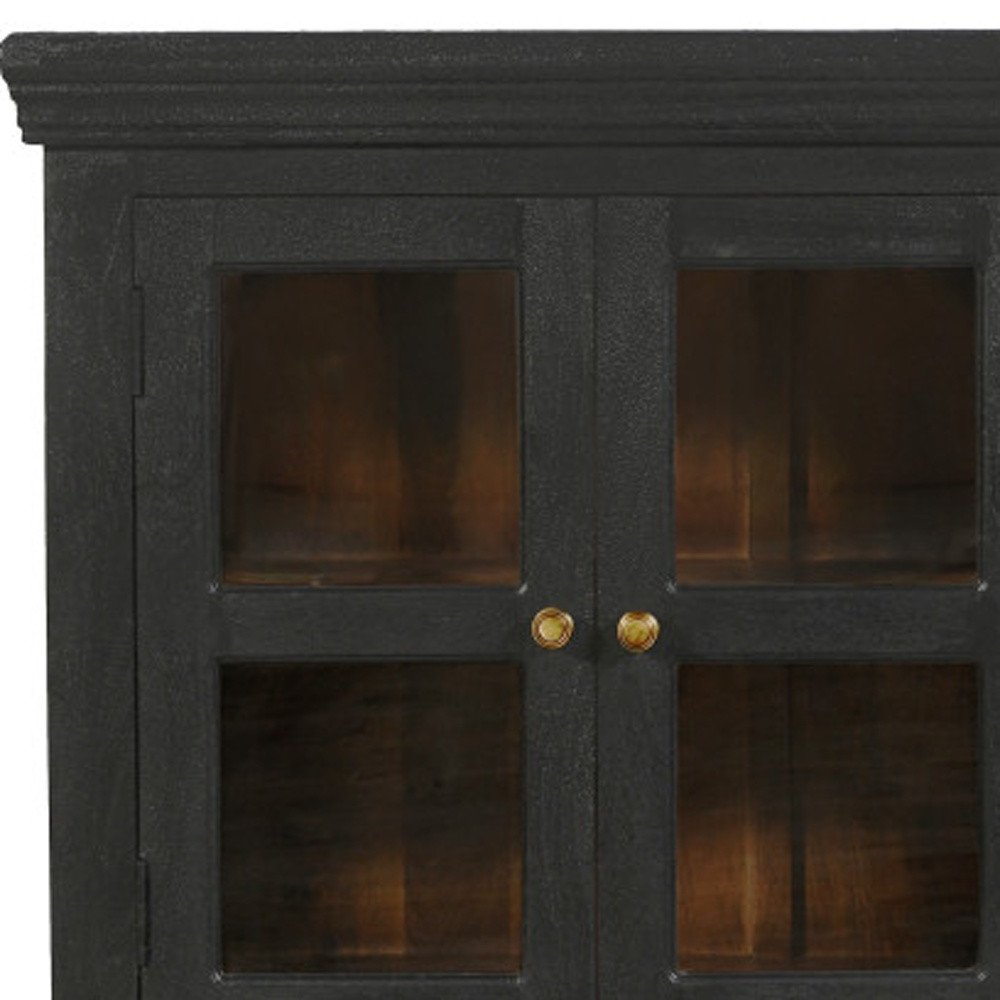 62" Charcoal Distressed Solid Wood Sideboard with Four Glass Doors HomeRoots