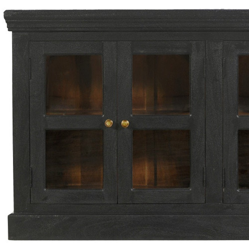 62" Charcoal Distressed Solid Wood Sideboard with Four Glass Doors HomeRoots
