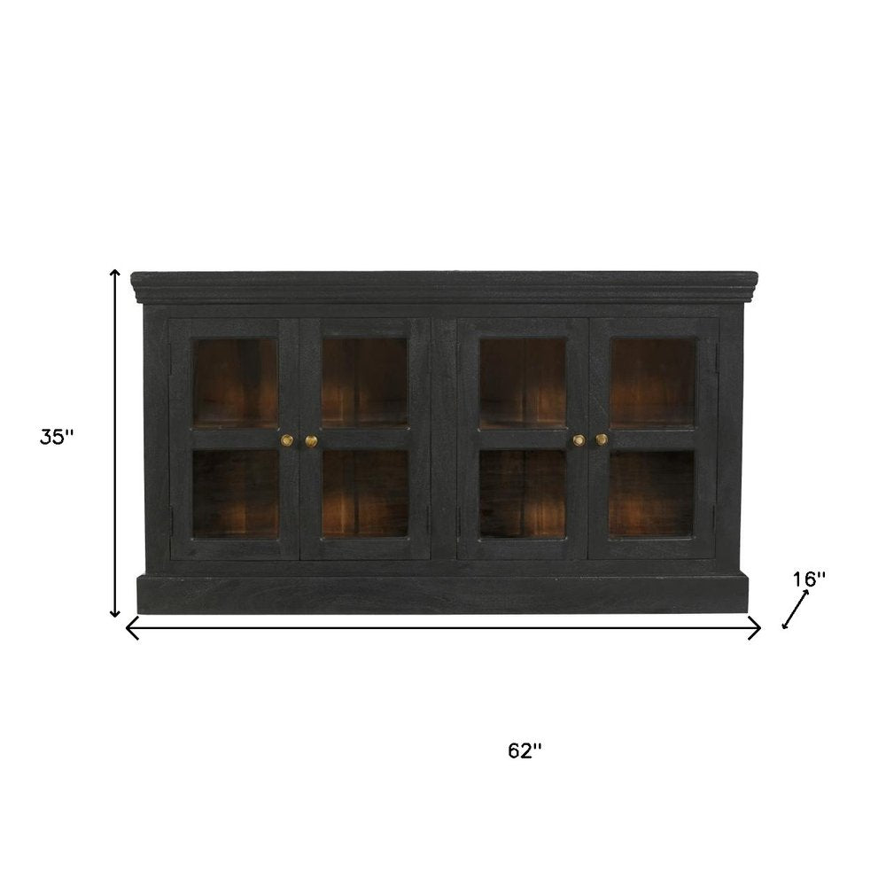 62" Charcoal Distressed Solid Wood Sideboard with Four Glass Doors HomeRoots