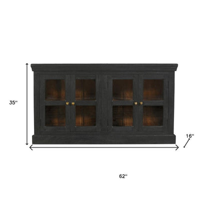 62" Charcoal Distressed Solid Wood Sideboard with Four Glass Doors HomeRoots