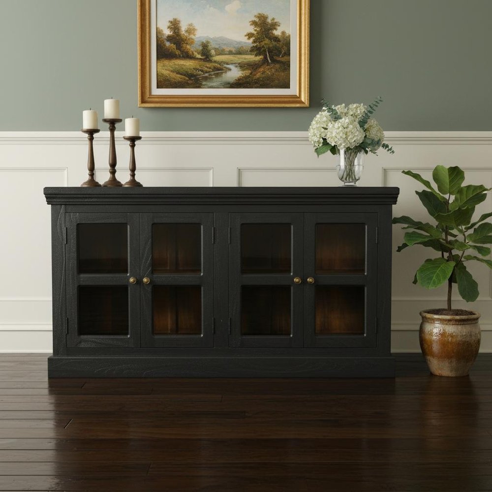 62" Charcoal Distressed Solid Wood Sideboard with Four Glass Doors HomeRoots