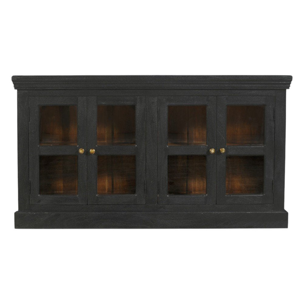 62" Charcoal Distressed Solid Wood Sideboard with Four Glass Doors HomeRoots