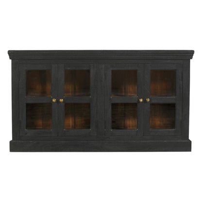 62" Charcoal Distressed Solid Wood Sideboard with Four Glass Doors HomeRoots