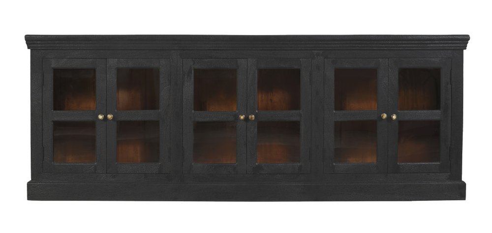 93" Charcoal Distressed Solid Wood Sideboard With Six Glass Doors HomeRoots