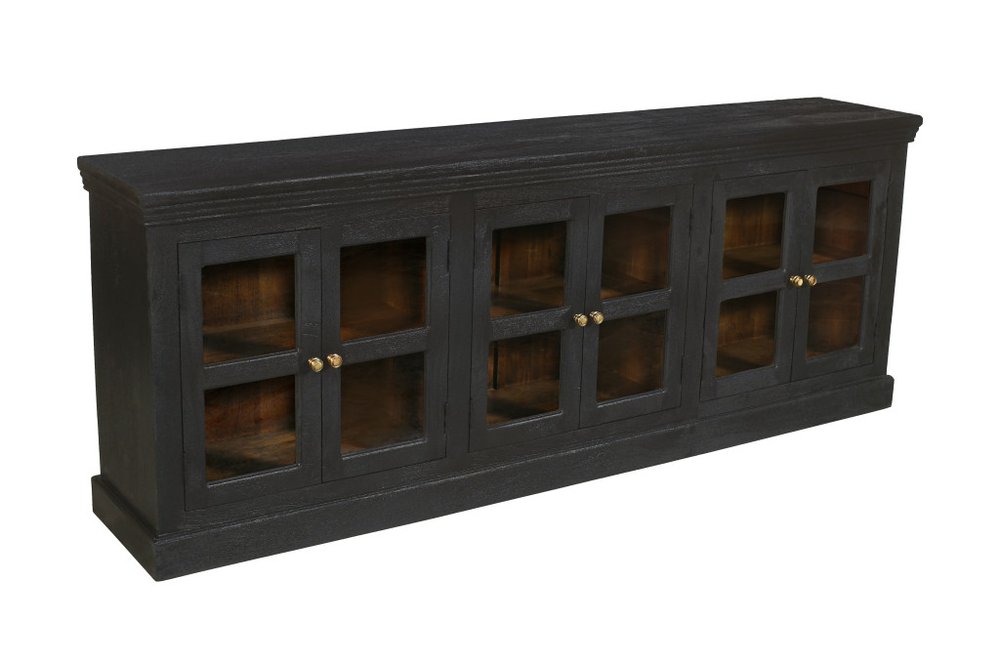 93" Charcoal Distressed Solid Wood Sideboard With Six Glass Doors HomeRoots
