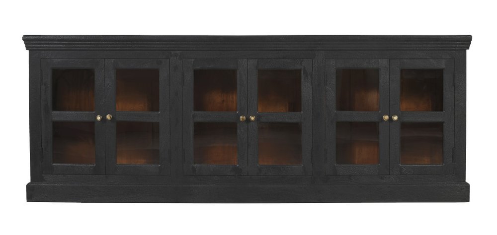 93" Charcoal Distressed Solid Wood Sideboard With Six Glass Doors HomeRoots