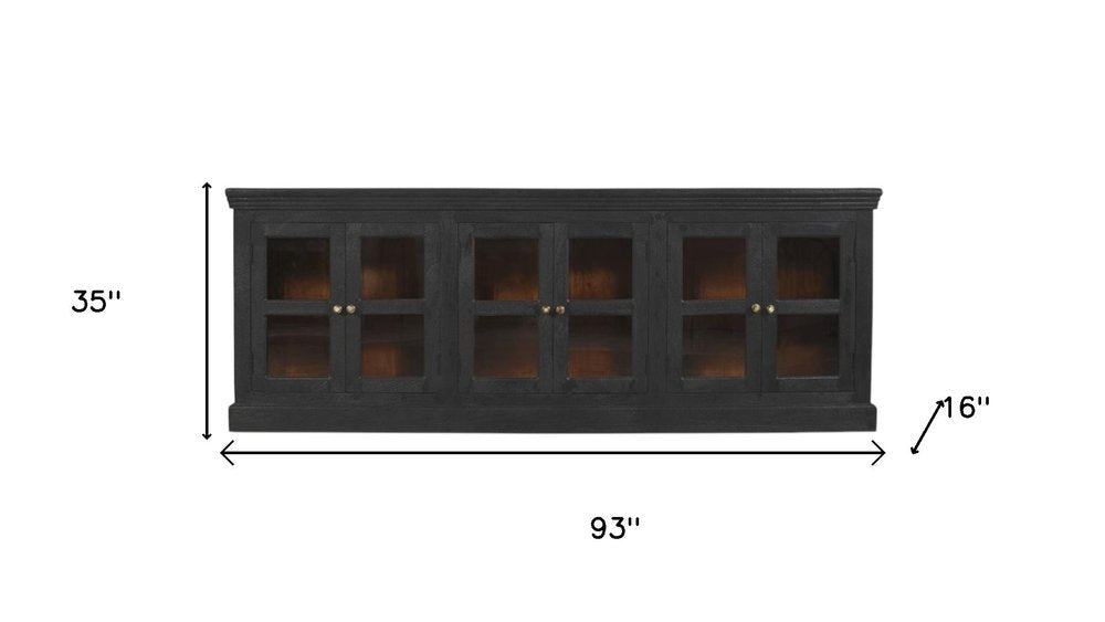 93" Charcoal Distressed Solid Wood Sideboard With Six Glass Doors HomeRoots