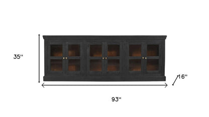 93" Charcoal Distressed Solid Wood Sideboard With Six Glass Doors HomeRoots
