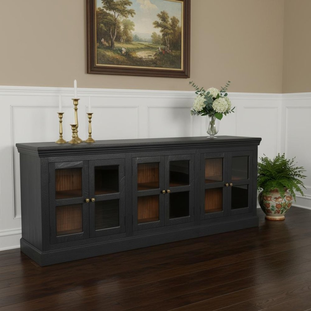 93" Charcoal Distressed Solid Wood Sideboard With Six Glass Doors HomeRoots