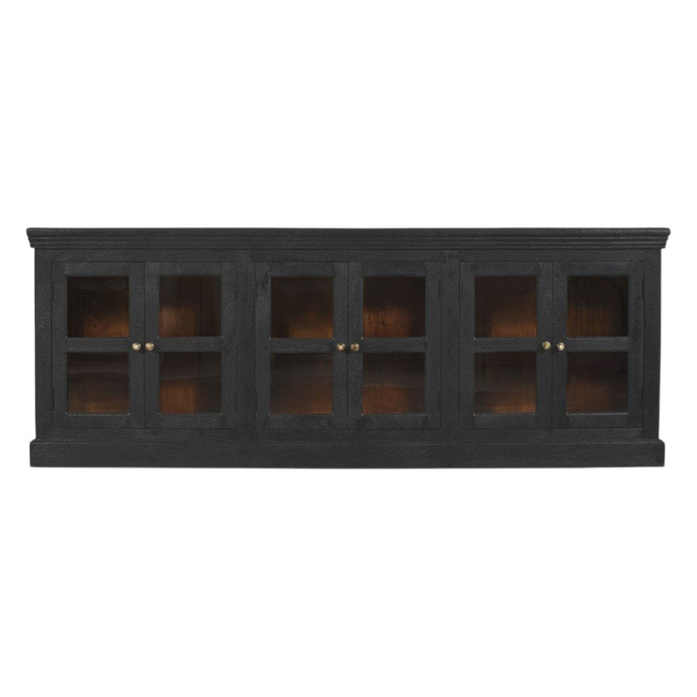 93" Charcoal Distressed Solid Wood Sideboard With Six Glass Doors HomeRoots
