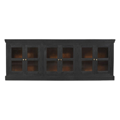 93" Charcoal Distressed Solid Wood Sideboard With Six Glass Doors HomeRoots