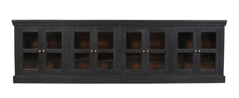 118" Charcoal Distressed Solid Wood Sideboard With 8 Glass Doors HomeRoots
