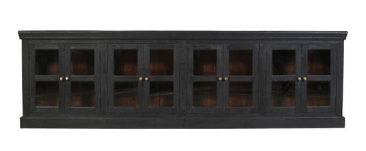 118" Charcoal Distressed Solid Wood Sideboard With 8 Glass Doors