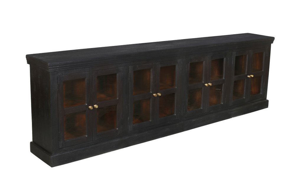 118" Charcoal Distressed Solid Wood Sideboard With 8 Glass Doors HomeRoots