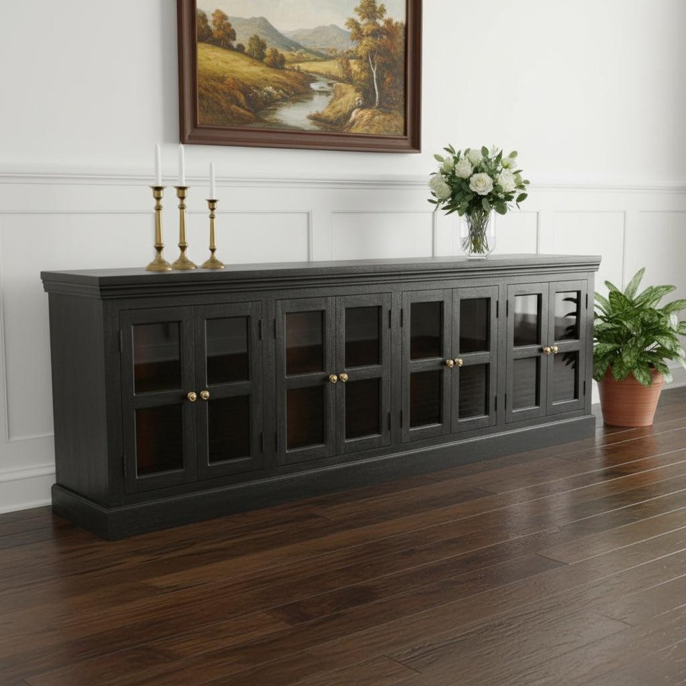 118" Charcoal Distressed Solid Wood Sideboard With 8 Glass Doors HomeRoots