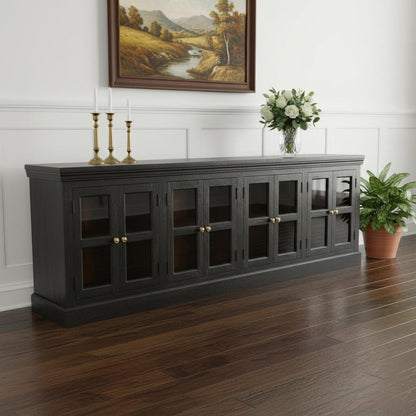 118" Charcoal Distressed Solid Wood Sideboard With 8 Glass Doors HomeRoots