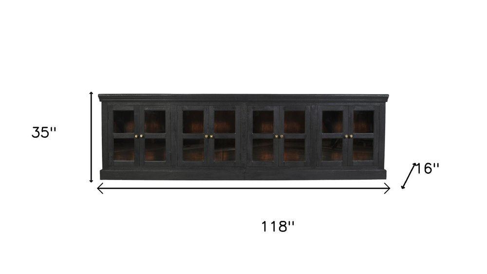 118" Charcoal Distressed Solid Wood Sideboard With 8 Glass Doors HomeRoots