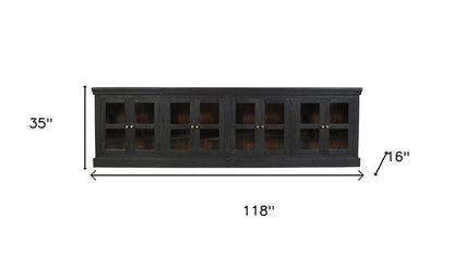 118" Charcoal Distressed Solid Wood Sideboard With 8 Glass Doors HomeRoots
