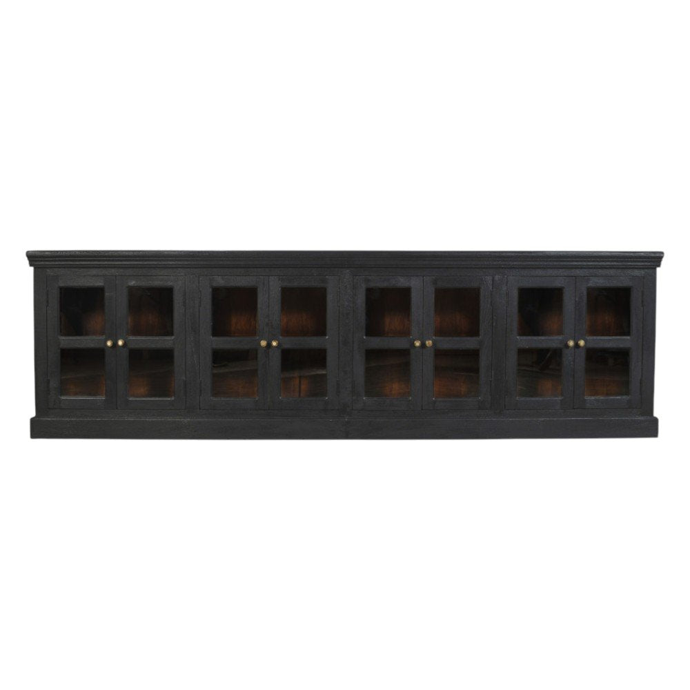 118" Charcoal Distressed Solid Wood Sideboard With 8 Glass Doors HomeRoots
