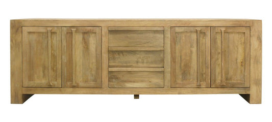94" Natural Distressed Solid Wood Paneled Three Drawer Sideboard With Four Doors