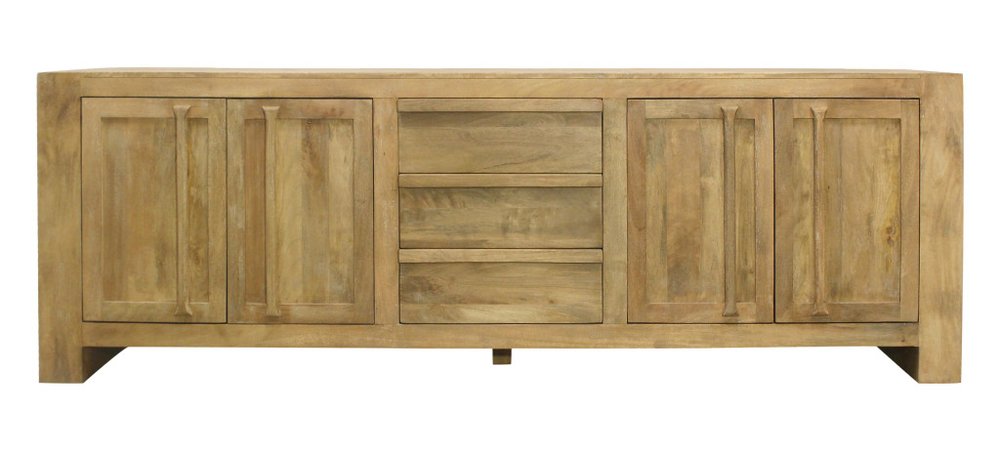 94" Natural Distressed Solid Wood Three Drawer Sideboard With Four Doors HomeRoots