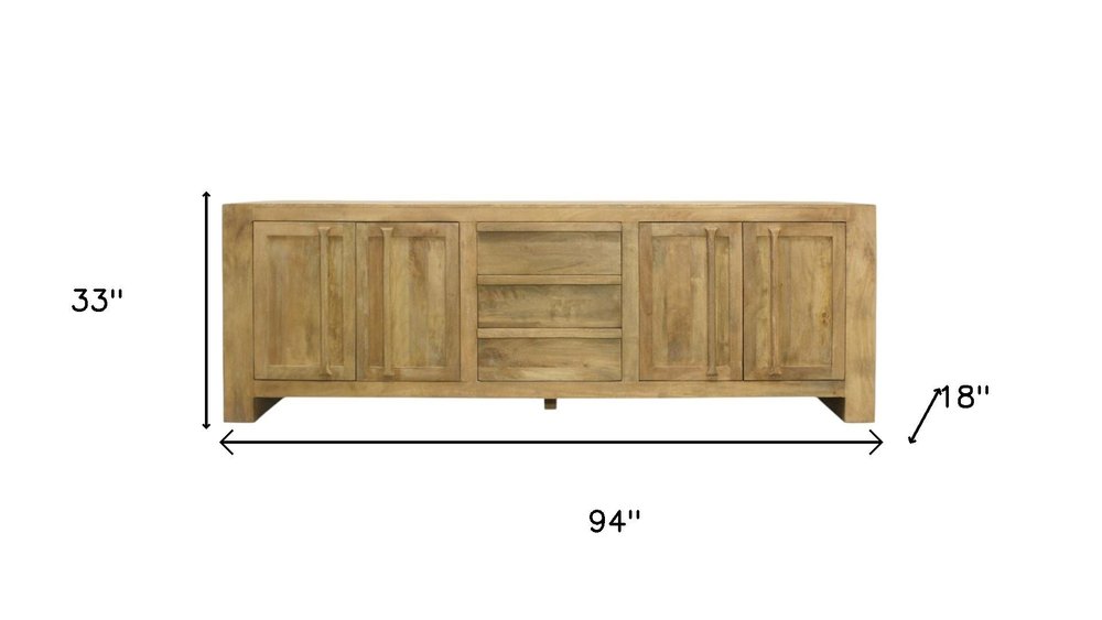 94" Natural Distressed Solid Wood Three Drawer Sideboard With Four Doors HomeRoots