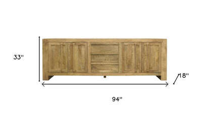 94" Natural Distressed Solid Wood Three Drawer Sideboard With Four Doors HomeRoots