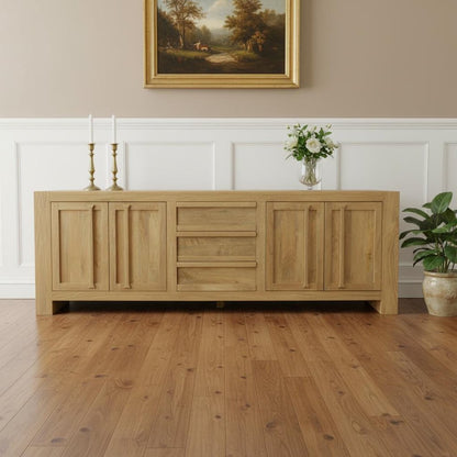 94" Natural Distressed Solid Wood Three Drawer Sideboard With Four Doors HomeRoots