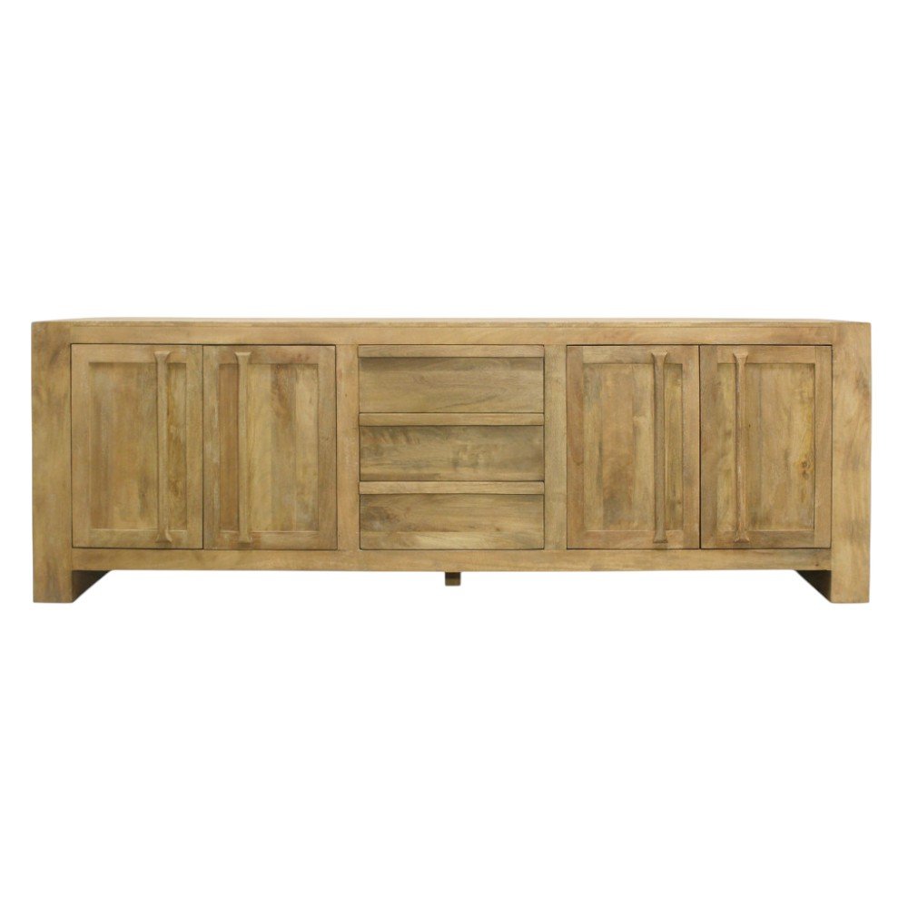 94" Natural Distressed Solid Wood Three Drawer Sideboard With Four Doors HomeRoots