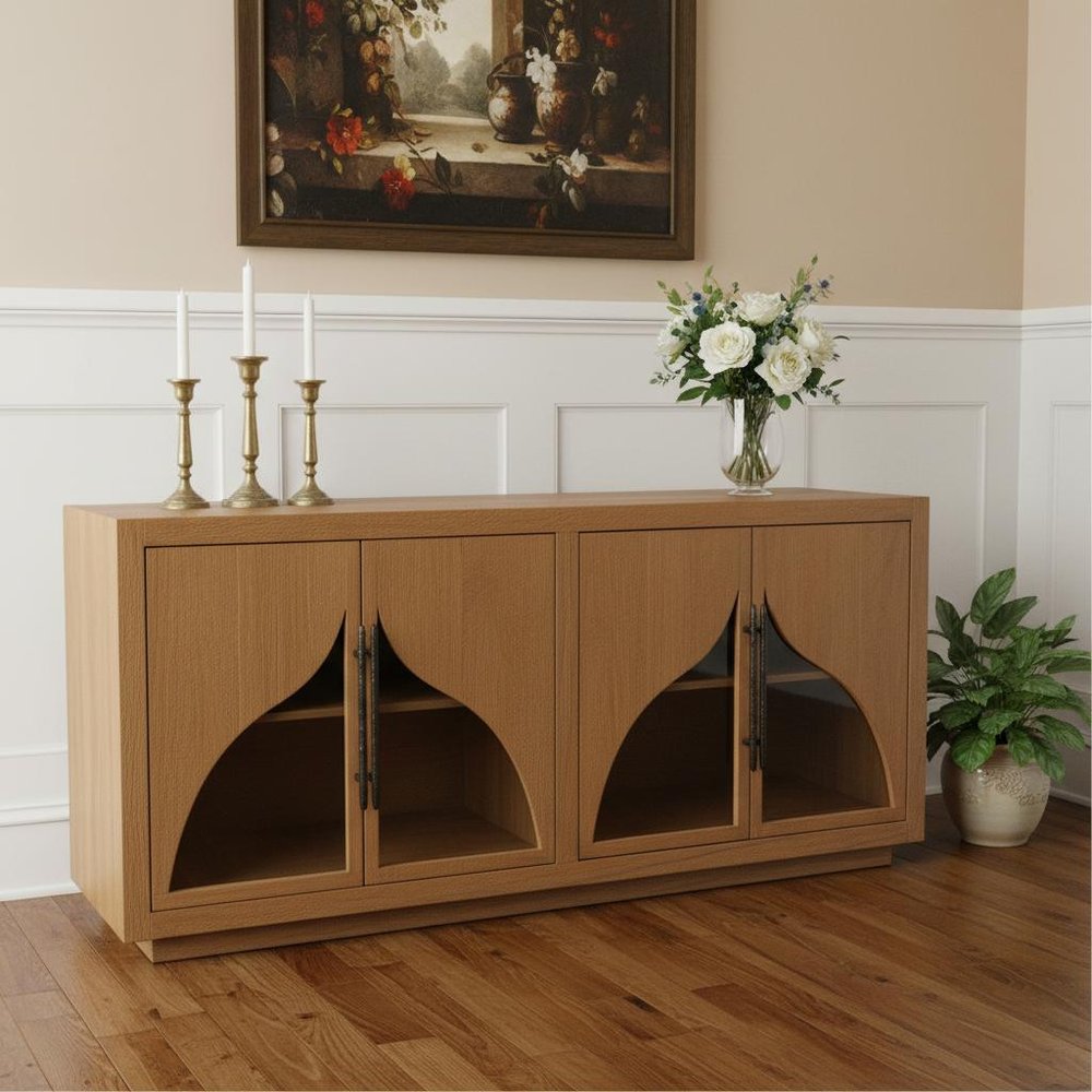70" Natural Distressed Solid Wood Sideboard with Four Doors HomeRoots