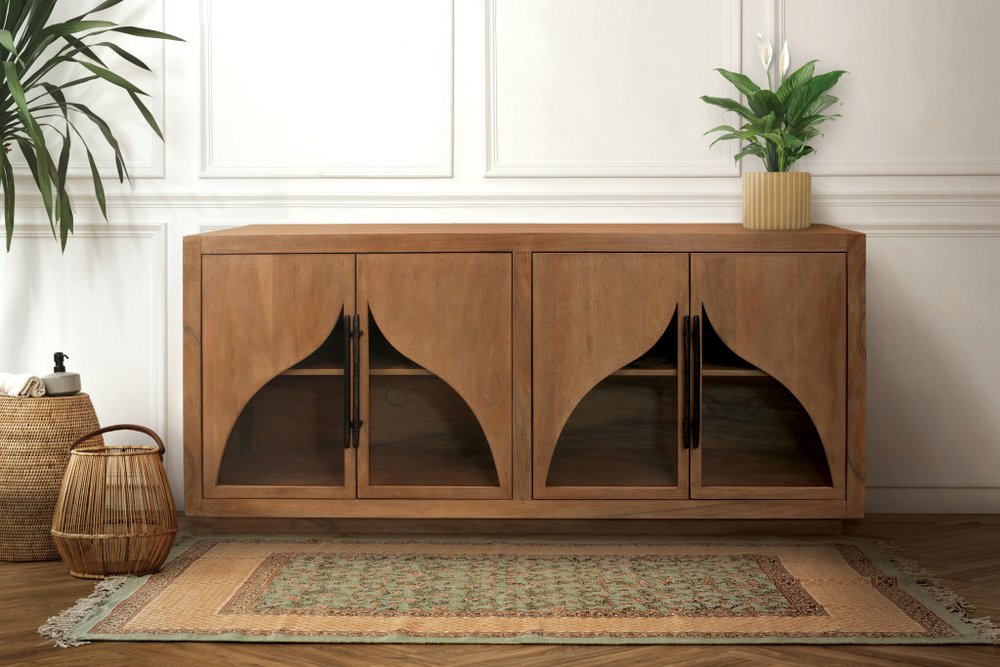 70" Natural Distressed Solid Wood Sideboard with Four Doors HomeRoots