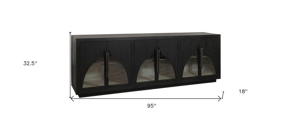 95" Dark Brown Solid Wood Sideboard With Six Glass Doors — view 11